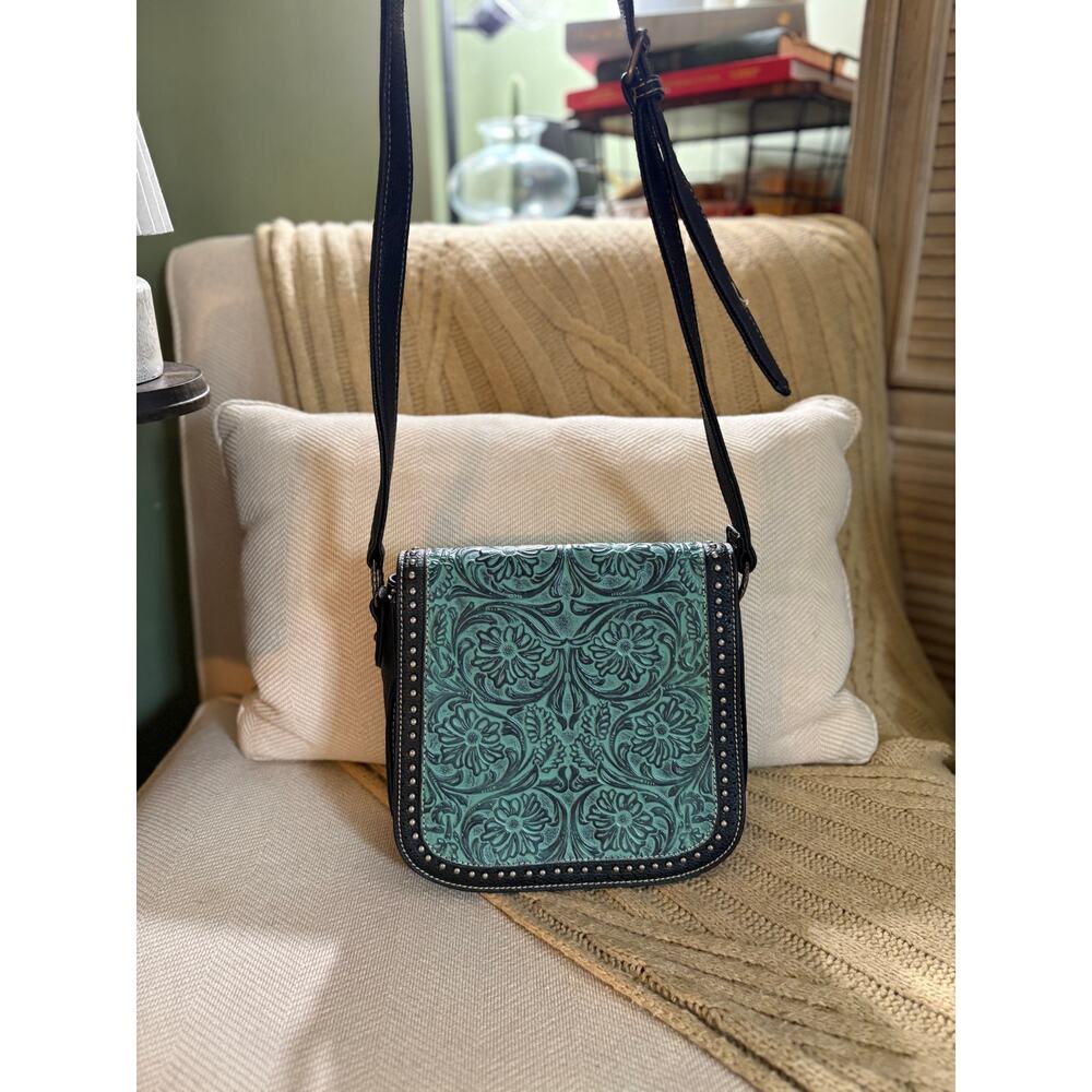 Montana West Trinity Ranch Tooled Design Collection Messenger Bag Teal & Black